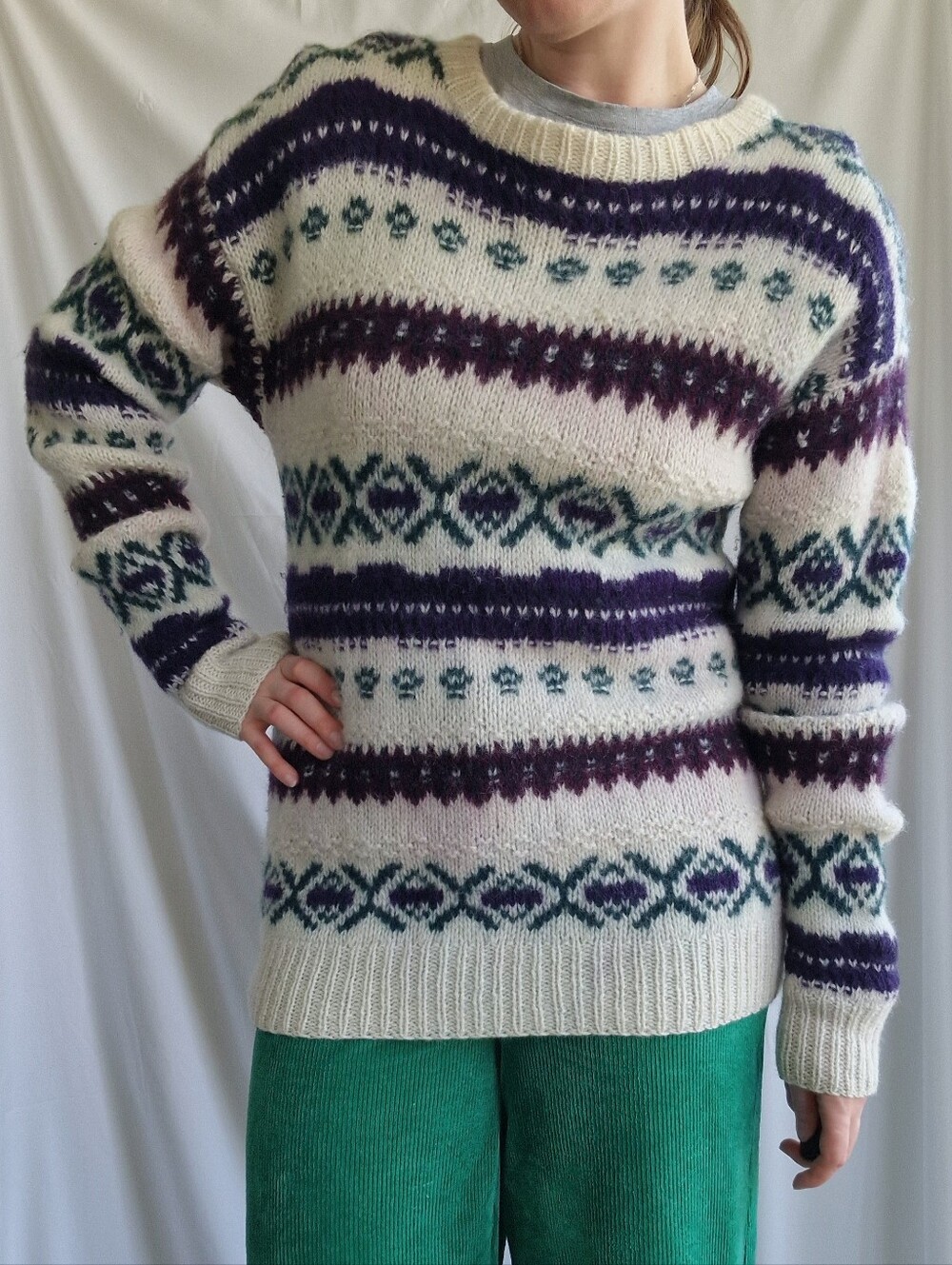 Cream Fair Isle Crewneck Sweater with Purple & Teal Pattern - Picture 1 of 5